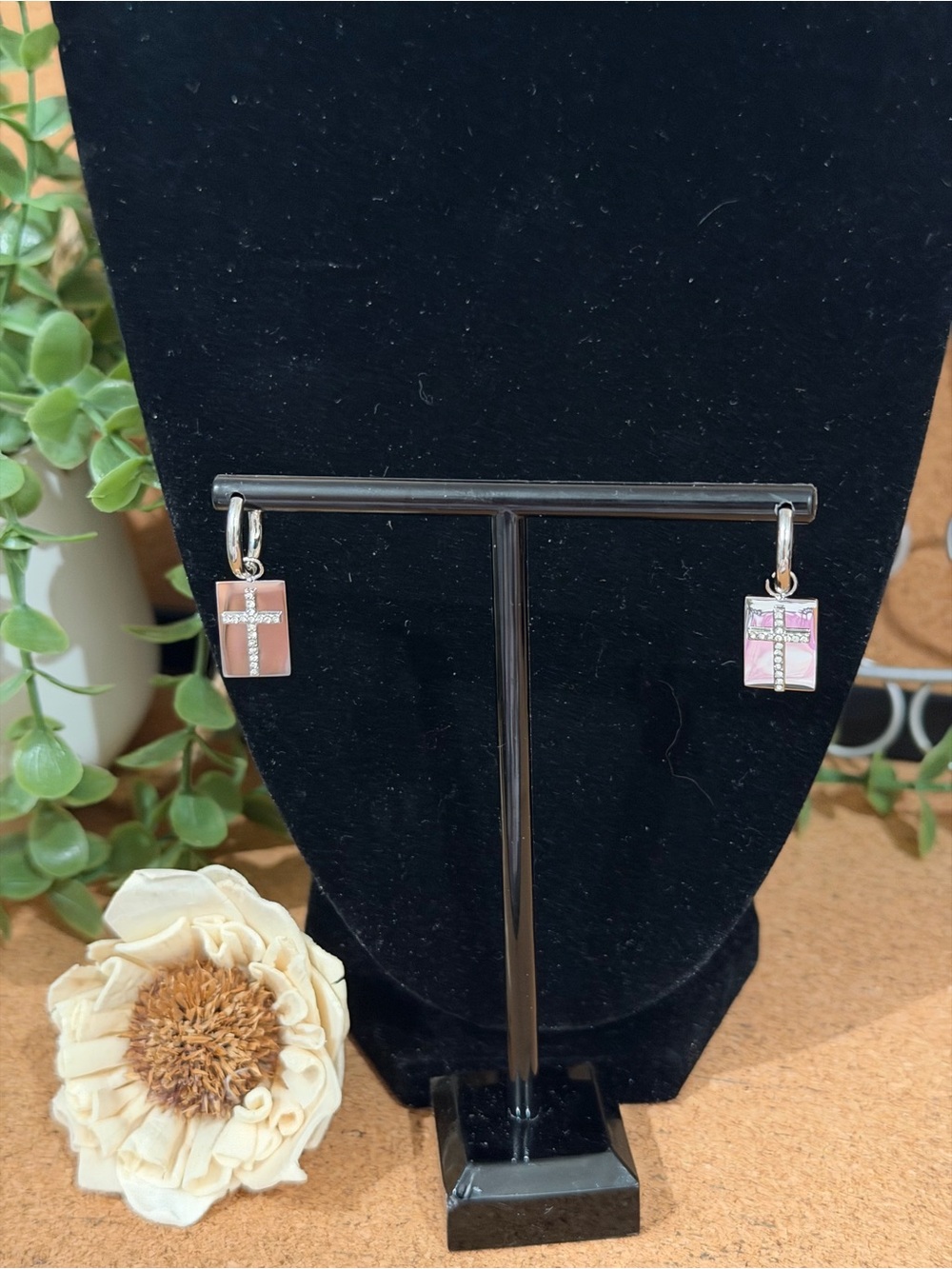 HEAVENLY EARRINGS Silver WITH Sparkling Cross Pendant Hoop Earrings